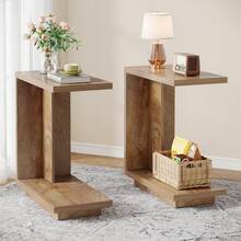 Tribesigns Mesa de centro en forma de C, mesa auxiliar estrecha con 2 niveles y base resistente, mesa auxiliar de sofá industrial para sala de estar, dormitorio, marrón