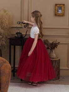 酒红色优雅公主 V 领蕾丝边网眼派对礼服，适合女孩的生日派对、宴会、晚会、婚礼、花童、伴娘 - 酒紅色 - 查看 9