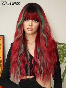 7JHH WIGS Long Wave Red & Green Christmas Wigs For Women - Loose Fluffy Wavy Curly Wig With Bangs Dark Roots, Full Machine High Density Synthetic Heat Resistant Fiber Hair, Colored Costume Wigs For Halloween Cosplay Masquerade Ball & Music Festival Carnival Party Use 26 Inch - 漸層紅色 - 查看 5
