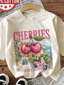 Camiseta blanca de manga corta con estampado de cereza de la ciudad de anime, camiseta casual de cuello redondo con corte regular, tejido cómodo para todas las estaciones, adecuada para el uso diario, camiseta de promoción para mujeres, camiseta bonita y elegante para mujeres. - Blanco - Ver 2