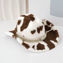 Adult Leopard Print Cowgirl Hat Wide Brim Fedora Hats Fuzzy Lightweight Western Hat With Bull Head Belt For Party - 卡其色 - 查看 5