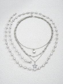 2 件时尚简约优雅人造珍珠星形项链，Y 形多层女式颈链，适合度假、约会、派对、礼物和日常佩戴 - 銀色 - 查看 6