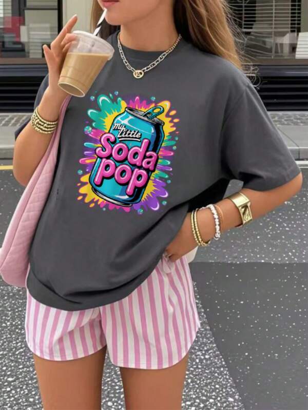 Tween Girls' Casual Graphic Print Crew Neck Short Sleeve T-Shirt, Summer Top