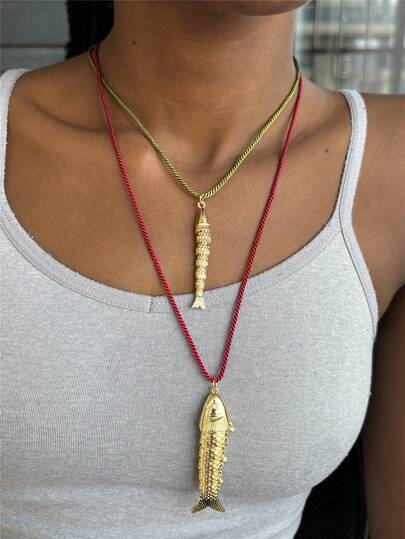 Summer Ocean Series Fish Pendant Necklace, Fashionable Red Cord Necklace