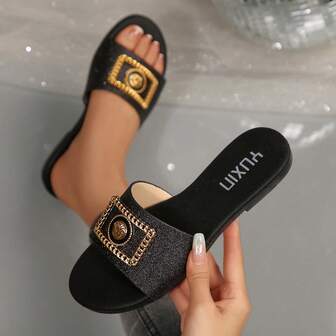 Women's Gold Buckle Decor Round Toe Flat Slippers, Vacation Style Summer Black Glitter Flat Sandals, Comfortable Daily Slip-On Minimalist Versatile Women Flat Sandals