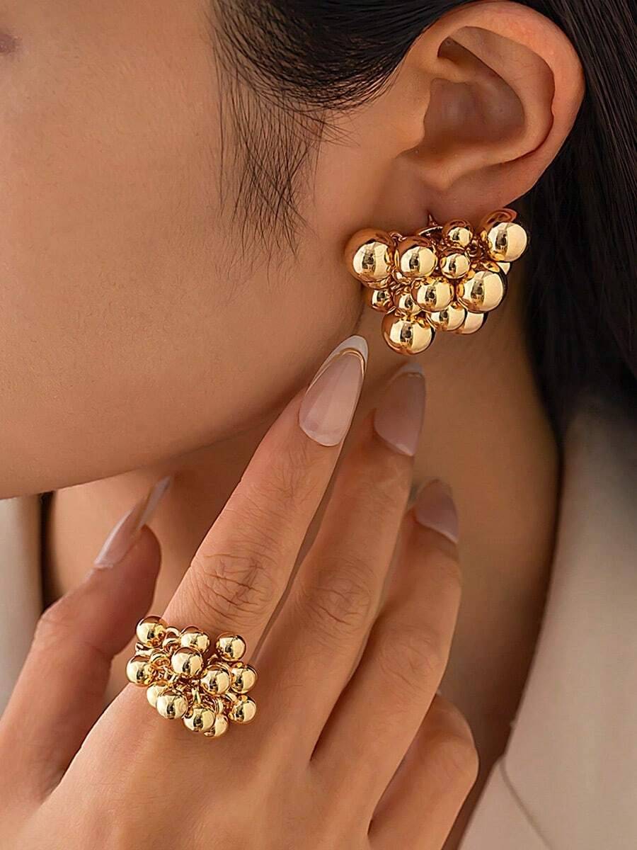 Set de 2 piezas de aretes y anillo con cuentas de diseño geométrico exagerado