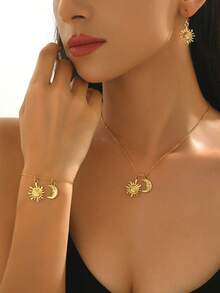 1 Set Damen Vintage modischer Metall Sonne & Mond Kombinations-Armband, Halskette, Ohrringe, kreativ & vielseitig für den täglichen Gebrauch