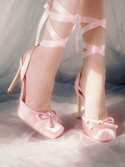 Ballet Mary Janes Light Pink High Heels For Women Square Toe Satin Lace Up Ballerina Stiletto Heels With Bow Elegant Wedding Party Slingback Pump Heels For Women 