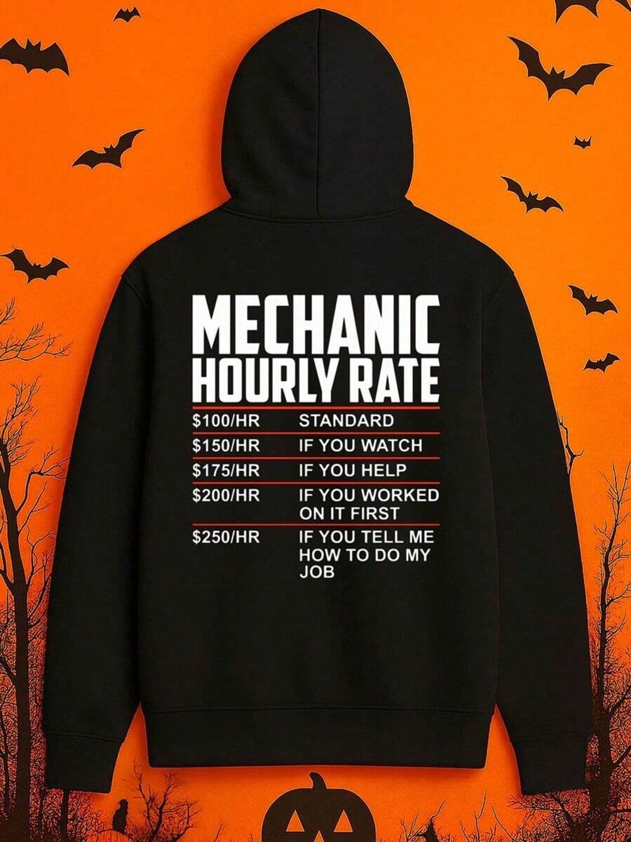 1pc Men'S Funny Mechanical Hourly Rate Graphic Hooded Sweatshirt - Oversized Black Pullover With Humorous Mechanic Design, Long Sleeve Casual Workwear, Comfortable Durable Fabric For Auto Shop & C,Fall Hoodies,Men's Fall Clothes,Street Wear,Halloween,Mens Hoodies,Y2k Clothes,Jesus Hoodie,Thanksgiving Day,Nightmare Before Christmas,Christmas - 黑色 - 查看 1