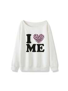 Heart & Letter Print Asymmetric Neck Sweatshirt For Women, Casual Street Style Loose Fit White Oblique Shoulder Top, Autumn/Winter - White - View 9
