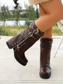Women's Mid-Calf Boots, Square Toe Chunky Heel Riding Boots, Minimalist Belt Buckle Zipper Decor Fashion Boots