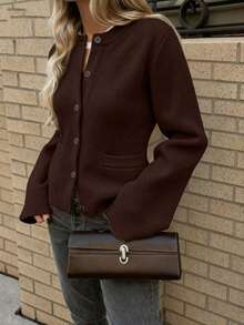 SEREN Neue Herbst/Winter Rundhals Braun Vorder-Strick Cardigan, Damen Casual Merinowolle Strickjacke, geeignet für Pendeln und täglichen Gebrauch - Braun - Übersicht 5