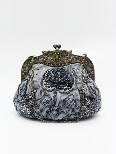 1 pezzo Borsa clutch formale vintage stile anni '20 con ricamo di rose grigie, perline e paillettes, adatta per occasioni formali, feste, abiti da sposa, regali per donne, mamma, compleanni