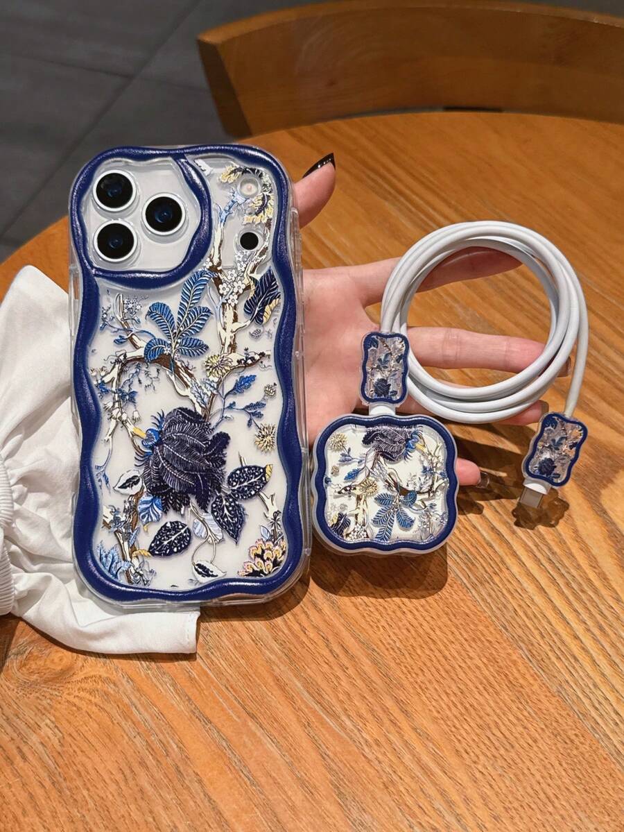 4pcs Set (1pc Wave Pattern Phone Case + 1pc Wave Pattern UK Plug Charger Protector + 2pcs Wave Pattern Data Cable Protectors) UV Painted Blue Floral Pattern Compatible With IPhone 17/17 Pro/17 Pro Max/Air/16/16 Pro/16 Pro Max/16 Plus/7/8/7P/8P/X/XS/XR/XS Max/11/11 Pro/11 Pro Max/12/12 Pro/12 Pro Max/12 Mini/13/13 Pro/13 Pro Max/14/14 Pro/14 Plus/14 Pro Max/15/15 Pro/15 Plus/15 Pro Max - Multicolor - View 1