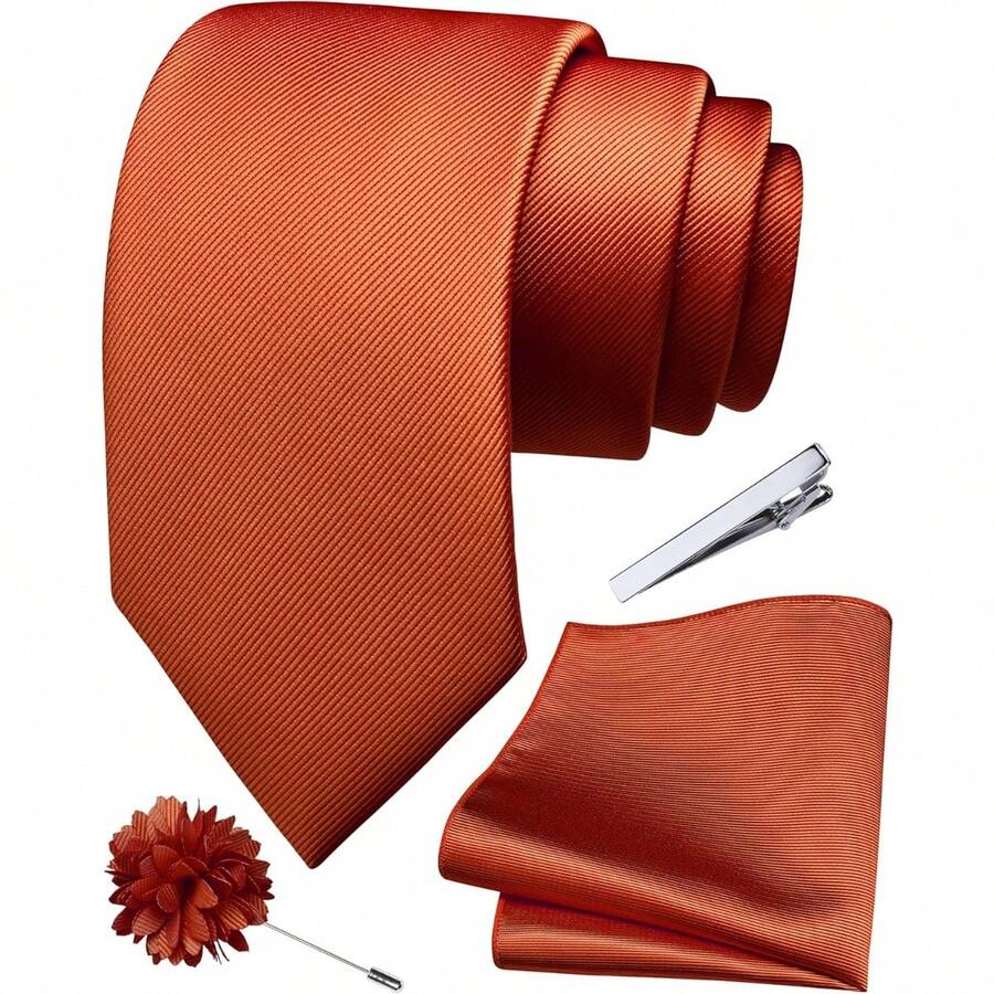 Solid Formal Tie And Pocket Square Plain Necktie Lapel Pin And Set For Men - 我-Rust - 查看 1