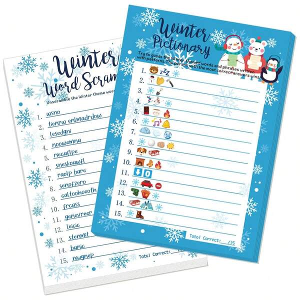 Juegos de fiesta de Navidad y Invierno - Juego de adivinanzas de palabras, tarjetas de trivialidades navideñas, juego de adivinanzas de patrones para fiestas familiares, suministros para juegos de Navidad e invierno