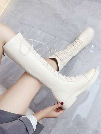 2025 Autumn/Winter New White Thigh High Boots For Women, Flat, Over-The-Knee, Lace-Up, Plus Size 43, Tall Knight Boots, Elastic Boots