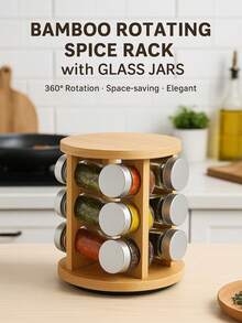A Kitchen Bamboo Wood Bottom Multifunctional Spice Rack New Home Rotating Spice Rack Multi-Grid Round Square Bamboo Spice Rack - Wood Color (round) - View 5