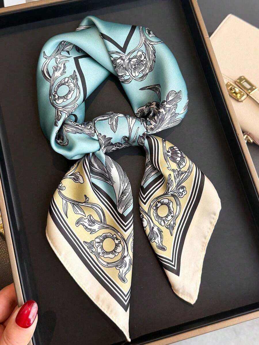 1pc Women's Luxury Floral Print Silk Satin Square Scarf, Fashion Versatile Headband And Bandana, Elegant Hair Scarf Or Shawl Wrap, Lightweight Neck Scarf For Tourism, Vacation, Daily Commuting, Leisure Outfits, And Chic Gift Accessories - 藍色 2 - 查看 1