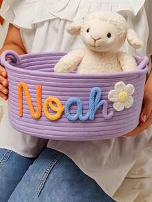 个性化手工编织篮，绳编篮，可作为婴儿洗礼礼物、娃娃篮、宝宝名字字母组合礼物、儿童玩具、书籍、毛绒玩具收纳篮，多功能、轻便、大容量、可爱、简约、纯色、可定制，是送给孩子、朋友、家人的理想礼物，紫色，旅行收纳篮 - 紫色 - 查看 4