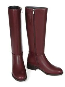 Women's Knee High Boots Round Toe Flat Wide Calf Long Boots Riding Boots Knight Boots Side Zipper Suitable For Outdoor Commuting Office - 酒紅色 - 查看 4