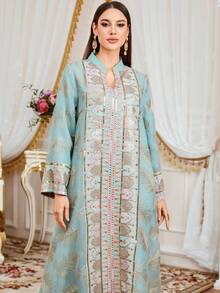 SISKAKIA Đầm dệt họa tiết lá cây sang trọng, đính sequin và thêu ghép mảnh, thích hợp cho kỳ nghỉ, đi học, công sở, hẹn hò, mọi mùa xuân. - màu xanh lá - Xem 7