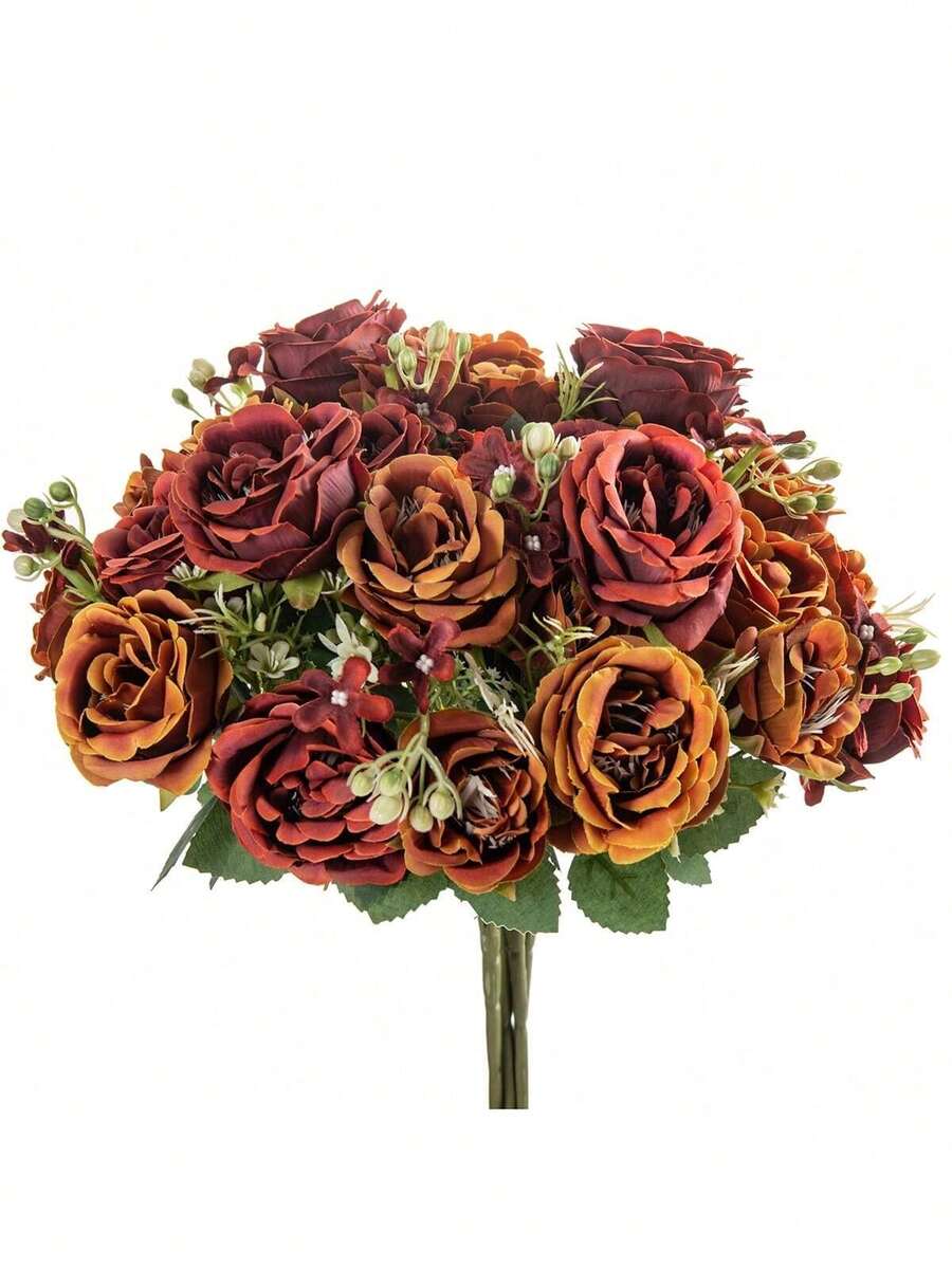 1 pieza/3 piezas/80 piezas Ramo artificial de hortensia de seda Peonía, Rosa falsa, Decoración para primavera/otoño, Jarrón de boda, Hogar, Restaurante, Dormitorio, Cocina, Habitación, Fiesta de cumpleaños, Jardín exterior - Sosteniendo rosas-naranja - Ver 1