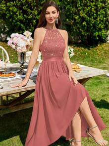 MIUSOL Vestido longo de festa de noite com decote halter, renda floral com lantejoulas e bainha assimétrica plissada, vestido assimétrico para mulher, vestido de gala formal, vestido de baile, vestido de casamento - Rosa Empoeirado - Ver 6