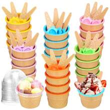 Jingmore Juego de 72 cuencos y cucharas reutilizables para helado con cucharas y tapas tazas de helado de plástico a granel tazas de Sundae de color caramelo para Sundae helado de yogurt fiesta - Amarillorosaazulverdemoradoynaranja - Ver 1
