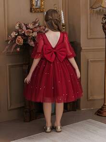 Robe élégante de Noël pour jeune fille, robe de princesse avec décoration de nœud, convient pour les petites filles pour le mariage, la fête, l'anniversaire, le banquet, les occasions formelles - Rouge foncé - Voir 3