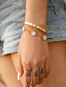 2件套防水奢华彩色立方氧化锆不锈钢开口手镯，18K镀金时尚女式首饰 - 幸運草-2pcs - 查看 11