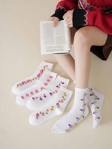 5 Pairs Elegant Women Floral Jacquard Mid-Calf Socks, Vintage Style Socks Suitable For Mothers & Grandmothers, Comfortable Soft Breathable Loose Design, Suitable For Daily, Casual, Sports Wear, All Seasons - Multicolor - View 7