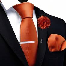 Solid Formal Tie And Pocket Square Plain Necktie Lapel Pin And Set For Men - 我-Rust - 查看 2
