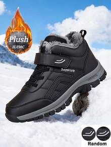 Winter Plush-Lined Snow Boots For Dad And Mom, Warm, Non-Slip, Water-Resistant Shoes With Soft, Lightweight Comfort, Black, Suitable For Daily Wear, Walking, Outdoor Hiking, Mountaineering, And Snow Trekking In Cold Weather (Random Hook And Loop Fastener Pattern)