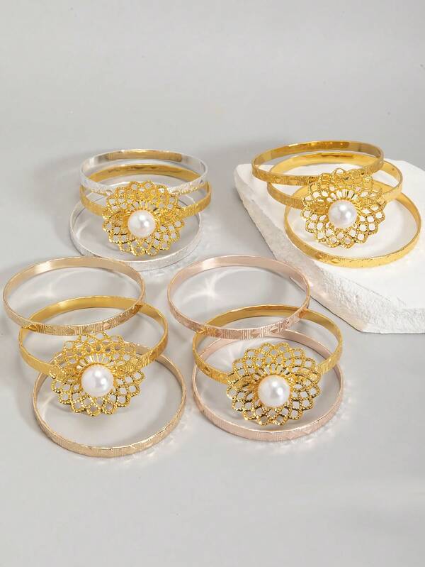 3pcs 3-9Y Girls' Exquisite Aristocratic Royal Style Carved Rhombus Big Pearl Welding Stacked Bracelet