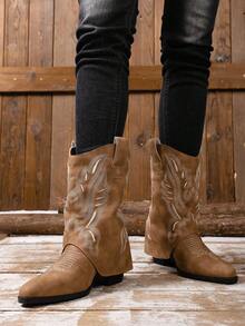 Damen Stickerei Slip-On Plateau Absatz Stiefel bis zur Mitte des Knöchels, modische einfarbige Stiefel für Herbst/Winter