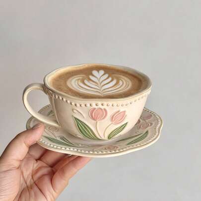 Juego de taza y platillo de café de 300ml con diseño de tulipán vintage desgastado y en relieve, taza de cerámica con acabado de esmalte reactivo con motivos florales para el té de la tarde, desayuno, leche, arte de latte, regalo