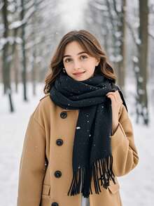1pc Solid Color Scarf, Winter Warm Neck, Thickened Wool Knitted Thick Fringed Shawl, Winter Scarf - Multicolor - View 13