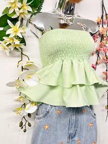 T110Cropped Elastic Blouse With Ruffle - Light Green - View 6