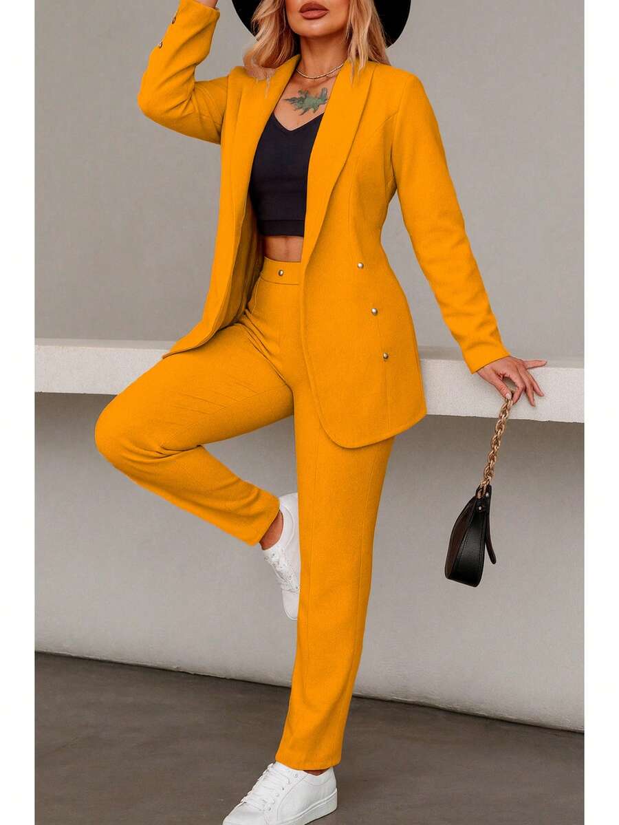 Elegante conjunto de traje liso de manga larga con cuello chal y doble botón para mujer, con bolsillos, para oficina y trabajo.