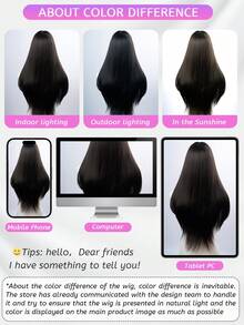 1 Synthetic Heat-Resistant Wig, Black Brown Long Straight Wig With Bangs, 30 Feet Long, Made Of Fiber, Suitable For Daily Use, Natural Simulation Wig - Black - View 7
