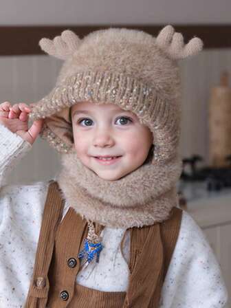 1pc Kids Deer Horn Face Mask Scarf Beanie, Warm Fleece Balaclava Hat For Outdoor Winter