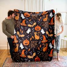 1pc Halloween Skull & Pumpkin Pattern Blanket, Warm & Comfortable Car Blanket, High-Definition Digital Printed Throw Blanket, Suitable For All Seasons, Great Gift For Loved Ones, Multi-Functional Small Blanket For Office Nap, Bedroom, Sofa, Dorm, Premium Fabric Thick Warm Throw Blanket