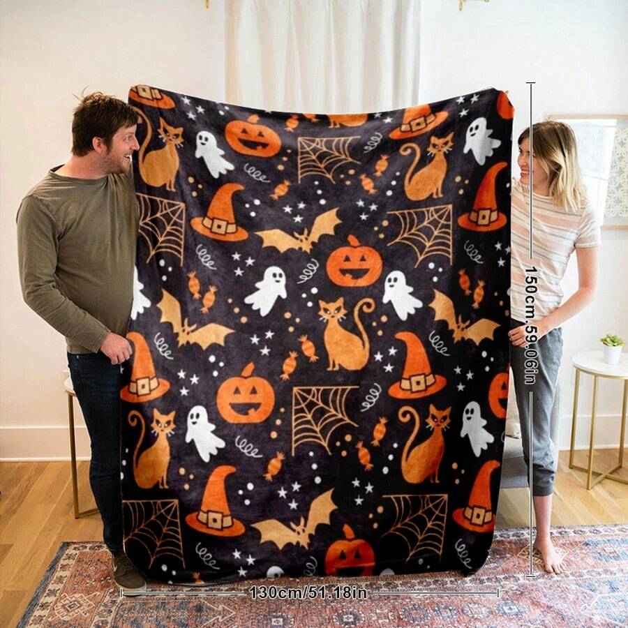 1pc Halloween Skull & Pumpkin Pattern Blanket, Warm & Comfortable Car Blanket, High-Definition Digital Printed Throw Blanket, Suitable For All Seasons, Great Gift For Loved Ones, Multi-Functional Small Blanket For Office Nap, Bedroom, Sofa, Dorm, Premium Fabric Thick Warm Throw Blanket