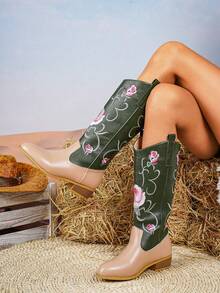 2025 Autumn/Winter New Retro High Heel Tall Boots For Women, Fashion Square Toe PU Leather Embroidered Thick Heel Riding Boots - Apricot - View 9