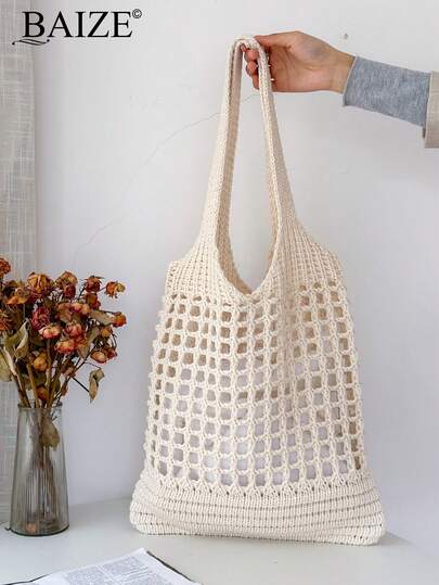 New Autumn Large Capacity Hollow Handmade Crochet Shopping Tote Bag, Beige Bag, Women's Fashion Handmade Crochet Handbag, Winter Shoulder Bag, Outdoor Travel, Shopping, Back To School Season, College Essential, Suitable For Girls, White-Collar Workers, Office Workers, School, Beach, Holiday Essential Christmas Gift