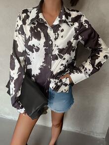 Chemise/Top vintage simple à imprimé vache et léopard, col cowboy, pour femmes, toutes saisons