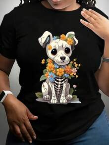 Women's Day Of The Dead Sugar Skull And Floral Dog Print T-Shirt - Mexican Day Of The Dead Pattern Short-Sleeved Crew Neck Casual Top, Comfortable Cut For All Seasons, Casual Day Of The Dead Wear.