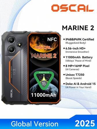 OSCAL Marine 2 Unlocked CellPhone,11000mAh(18W) Rugged Phone Unlocked, Android 15 Gaming Phone,Gemini AI,IP69K Protection, NFC,6.56" HD,90HZ,12(4+8)+64GB/2TB Expand,Dual SIM/1TF Slots