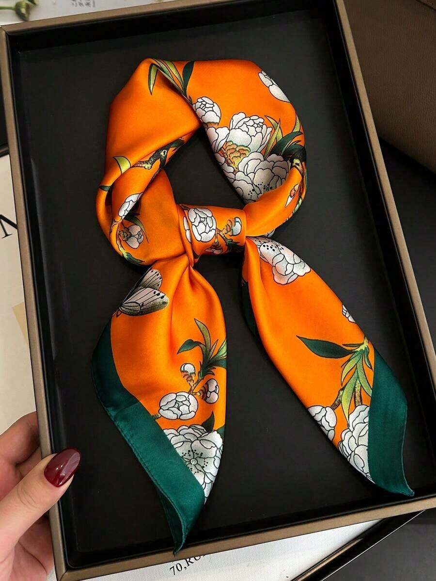 1pc Women's Luxury Floral Print Silk Satin Square Scarf, Fashion Versatile Headband And Bandana, Elegant Hair Scarf Or Shawl Wrap, Lightweight Neck Scarf For Tourism, Vacation, Daily Commuting, Leisure Outfits, And Chic Gift Accessories - trái cam - Xem 1